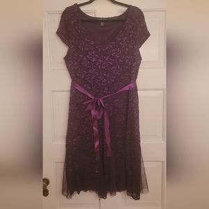 Candalite Women's Purple Lace Short Sleeve Glitter A-Line Dress